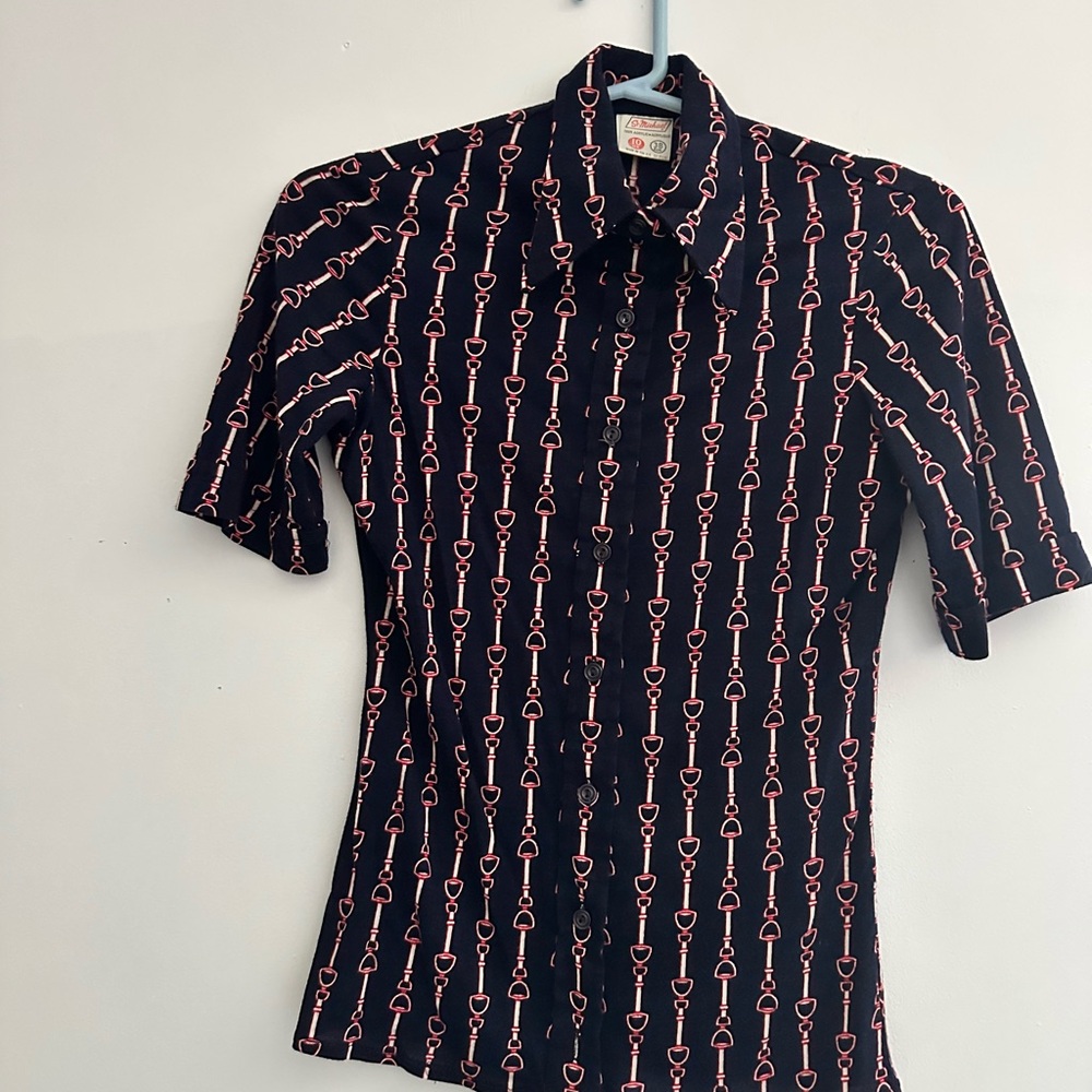 Womens navy Short-Sleeve Button-Up Shirt with red horse bit Print very Gucci